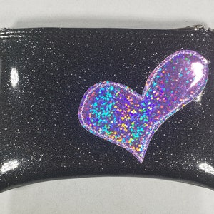 COIN PURSE Black Metalflake vinyl with a Lilac Hologram Glitter Heart Bild 1