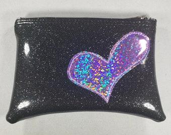 COIN PURSE Black Metalflake vinyl with a Lilac Hologram Glitter Heart