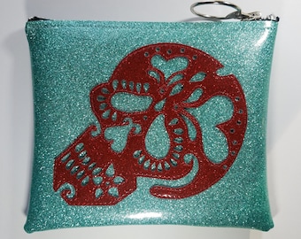 MAKE UP BAG Light ocean metalflake vinyl with wine red sugar skull