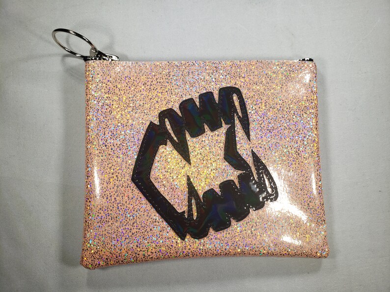 MAKE UP BAG Peach Stone Glitter vinyl with Black Hologram Vampire Teeth image 1