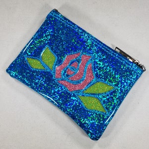 COIN PURSE Turquoise Hologram Glitter vinyl with a Pink Matte Metalflake Rose and Lime Leaves image 3