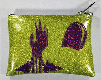 COIN PURSE Lime Matte Metalflake vinyl with Purple Hologram Glitter Zombie Hand & Grave