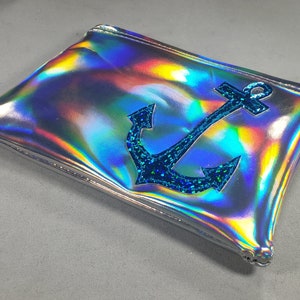 COIN PURSE Silver Hologram vinyl with Turquoise Hologram Glitter Anchor image 4