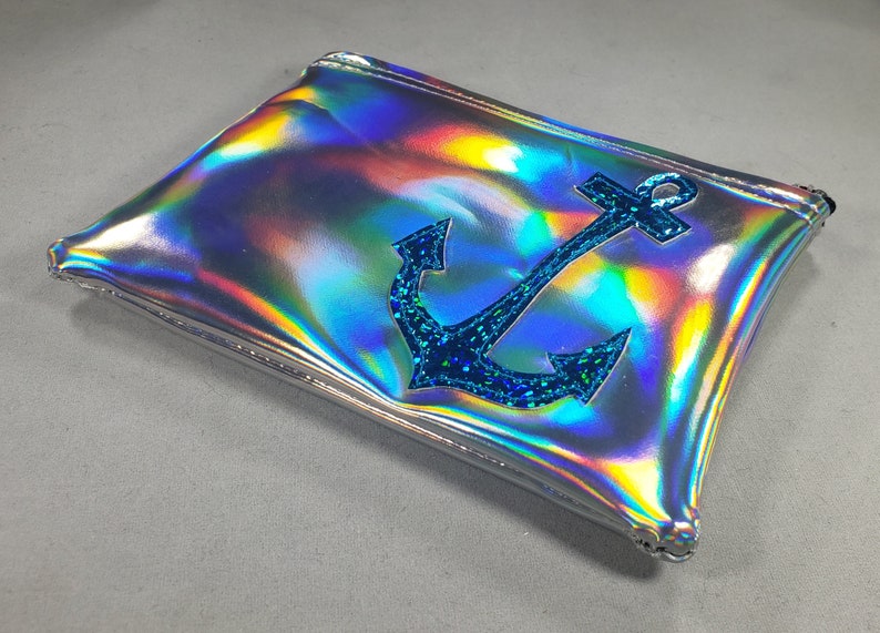 COIN PURSE Silver Hologram vinyl with Turquoise Hologram Glitter Anchor image 4