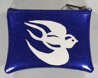 COIN PURSE Royal Blue Metalflake vinyl with a White Iridescent Sparrow