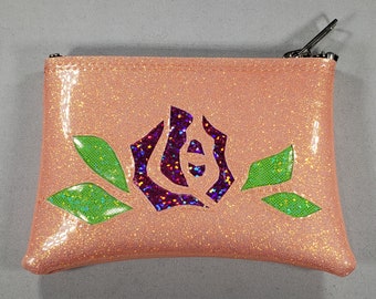 COIN PURSE Peach Metalflake vinyl with a Pink Hologram Glitter Rose and Green Dot Hologram Glitter Leaves