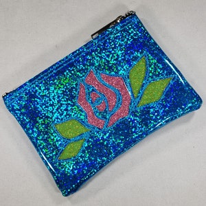 COIN PURSE Turquoise Hologram Glitter vinyl with a Pink Matte Metalflake Rose and Lime Leaves image 2
