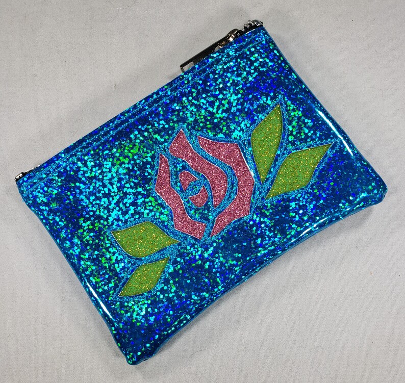 COIN PURSE Turquoise Hologram Glitter vinyl with a Pink Matte Metalflake Rose and Lime Leaves image 2