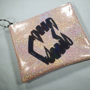 MAKE UP BAG Peach Stone Glitter vinyl with Black Hologram Vampire Teeth image 3