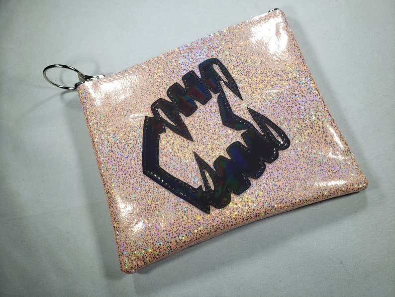 MAKE UP BAG Peach Stone Glitter vinyl with Black Hologram Vampire Teeth image 3