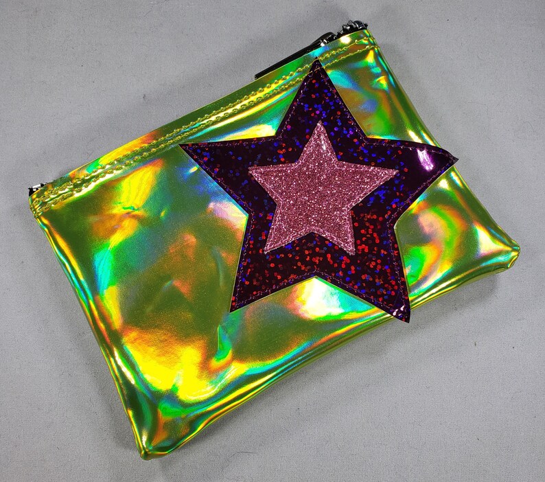 COIN PURSE Yellow Hologram w/ Purple Hologram glitter & Pink Matte Vinyl Stars image 3