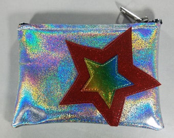 COIN PURSE Silver Hologram Glitter vinyl with Wine Red and Rainbow stars