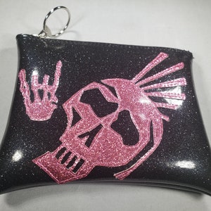 MAKE UP BAG Black Metalflake vinyl with Pink Matte Mohawk Skull image 3
