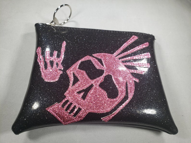 MAKE UP BAG Black Metalflake vinyl with Pink Matte Mohawk Skull image 3