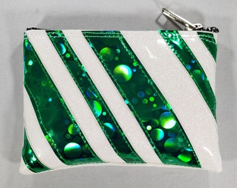 COIN PURSE White Irridescent matte Metalflake Vinyl with Green Bubble Hologram Candy Cane Stripes