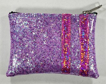 COIN PURSE Lilac Iridescent Glitter with Pink Hologram Glitter Stripes