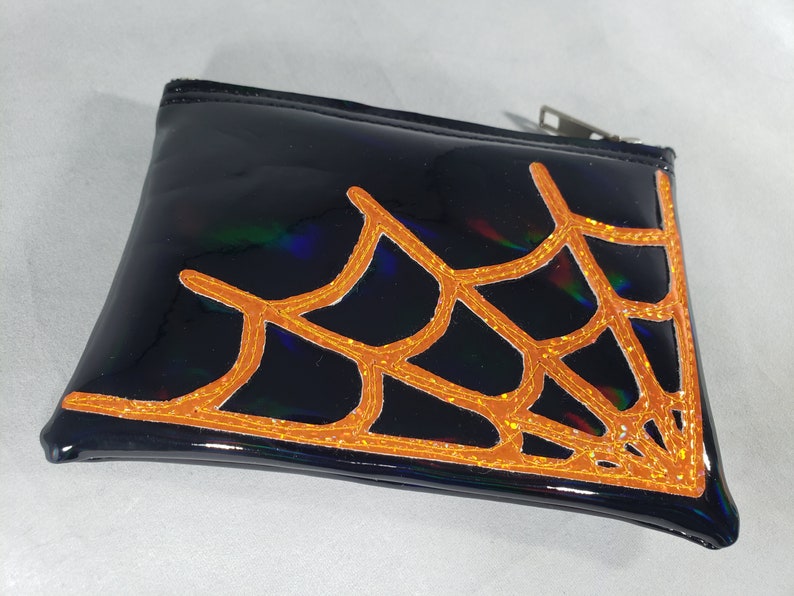 COIN PURSE Black Hologram Vinyl w/ Orange Hologram Glitter Spiderweb image 3