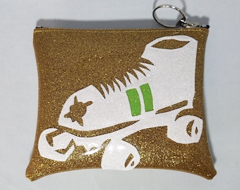 SALE Dark Gold metalflake vinyl make up bag with white metalflake roller derby skate