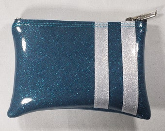 COIN PURSE Turquoise Metalflake Vinyl with Platinum Metalflake Stripes