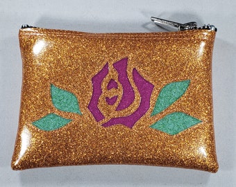 COIN PURSE Orange Matte Metalflake vinyl with a Magenta Rose and Seafoam Leaves