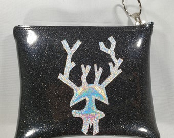 MAKE UP BAG Black Metalflake vinyl with Silver Hologram Glitter Reindeer Skull