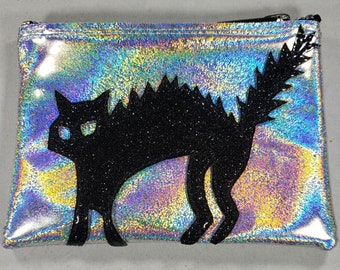 COIN PURSE Silver Hologram Glitter Vinyl with Black Scary Cat