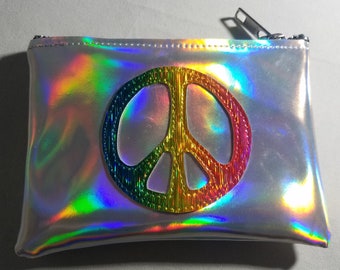 COIN PURSE Silver Hologram vinyl with a Rainbow Hologram Glitter Peace Symbol