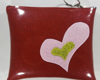 MAKE UP BAG Wine Metalflake Vinyl with Light Pink/ Lime Matte Hearts