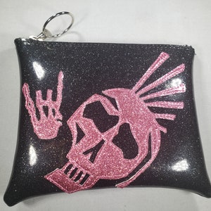 MAKE UP BAG Black Metalflake vinyl with Pink Matte Mohawk Skull image 1