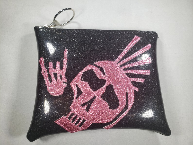 MAKE UP BAG Black Metalflake vinyl with Pink Matte Mohawk Skull image 1