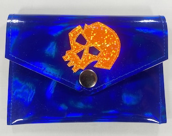 SNAP WALLET Dark blue hologram  vinyl with orange hologram glitter skull