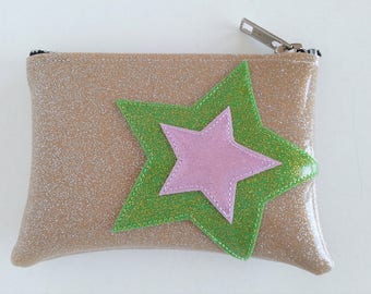 Coin purse champagne metalflake vinyl with lime and pink stars