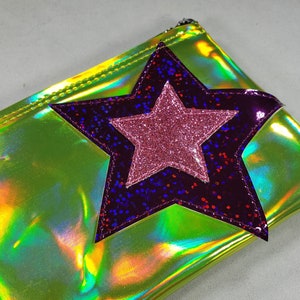 COIN PURSE Yellow Hologram w/ Purple Hologram glitter & Pink Matte Vinyl Stars image 4