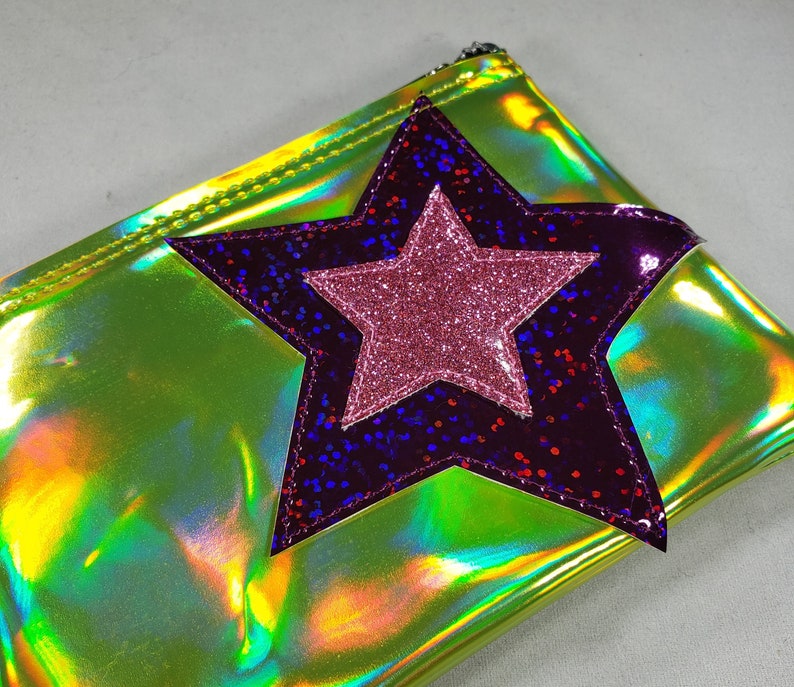 COIN PURSE Yellow Hologram w/ Purple Hologram glitter & Pink Matte Vinyl Stars image 4