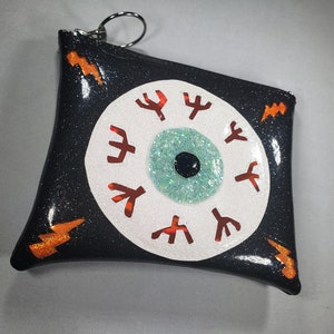 MAKE UP BAG Black Metalflake vinyl with Seafoam Iridescent glitter eyeball & Orange hologram glitter bolts image 2