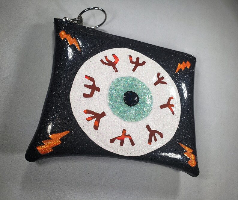 MAKE UP BAG Black Metalflake vinyl with Seafoam Iridescent glitter eyeball & Orange hologram glitter bolts afbeelding 2