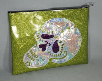 ACCESSORY BAG Lime Matte Metalflake Vinyl with Multicolor Sugar Skull