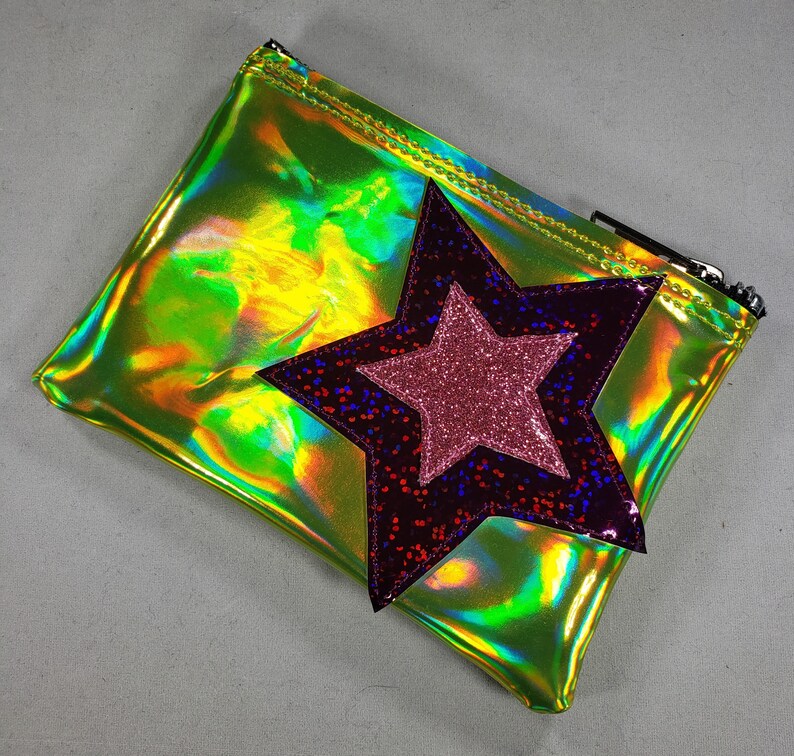 COIN PURSE Yellow Hologram w/ Purple Hologram glitter & Pink Matte Vinyl Stars image 2