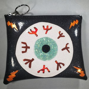 MAKE UP BAG Black Metalflake vinyl with Seafoam Iridescent glitter eyeball & Orange hologram glitter bolts afbeelding 1