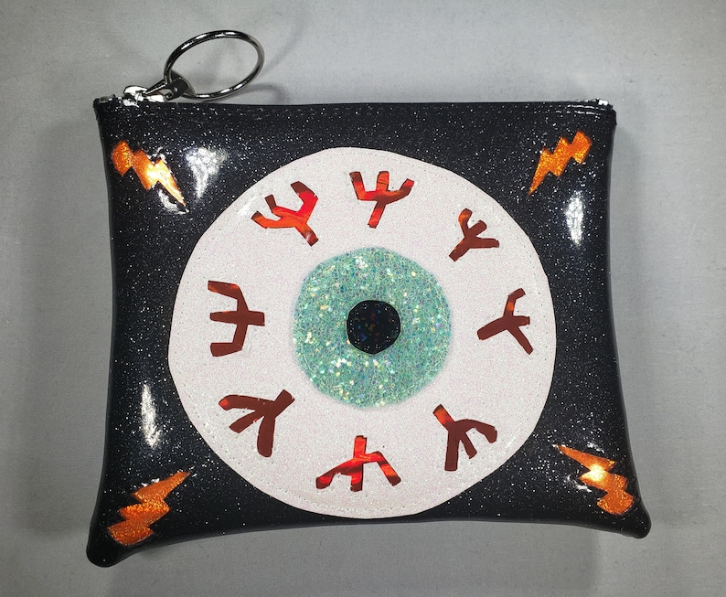 MAKE UP BAG Black Metalflake vinyl with Seafoam Iridescent glitter eyeball & Orange hologram glitter bolts afbeelding 1