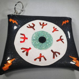 MAKE UP BAG Black Metalflake vinyl with Seafoam Iridescent glitter eyeball & Orange hologram glitter bolts image 4