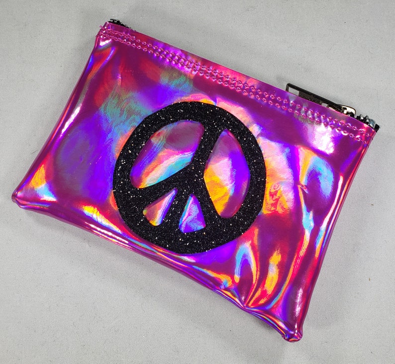 COIN PURSE Pink Hologram vinyl with a Black Metalflake Peace Symbol image 3