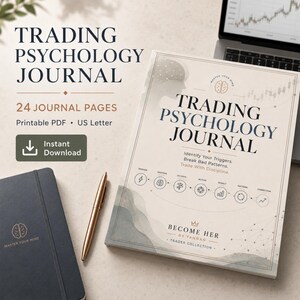 以下が含まれることがあります： 24ページのUSレターサイズのトレーディング心理学ジャーナル。表紙には「Trading Psychology Journal」、「Identify Your Triggers, Break Bad Patterns, Trade With Discipline」、「Become Her By Yannan Trader Collection」というテキストが記載されています。