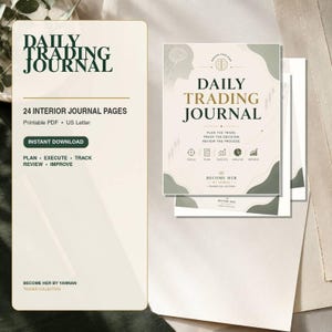 May include: A Daily Trading Journal with 24 interior pages in a printable PDF US Letter format. The cover features the text Daily Trading Journal, Become Her by Yannan, and Trader Collection, with icons for focus, plan, execute, analyze, and improve.