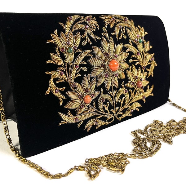 Black Velvet Bag With Zari Embroidery And Semi-Precious Stones