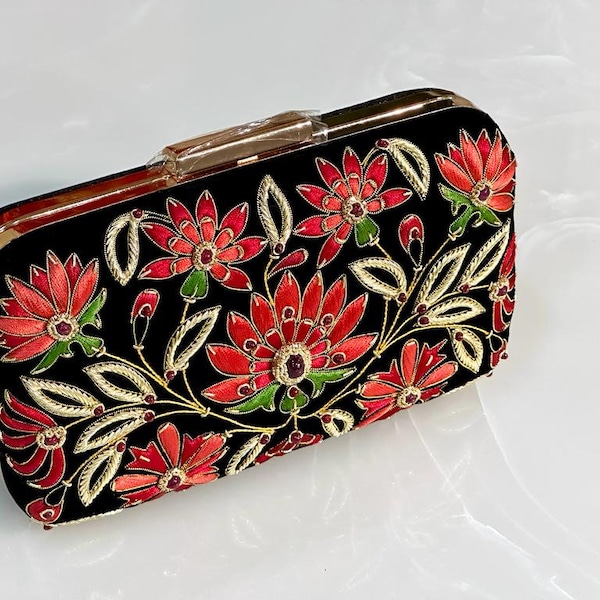 Black Velvet Box Clutch With Red Floral Design And Semi Precious Stones