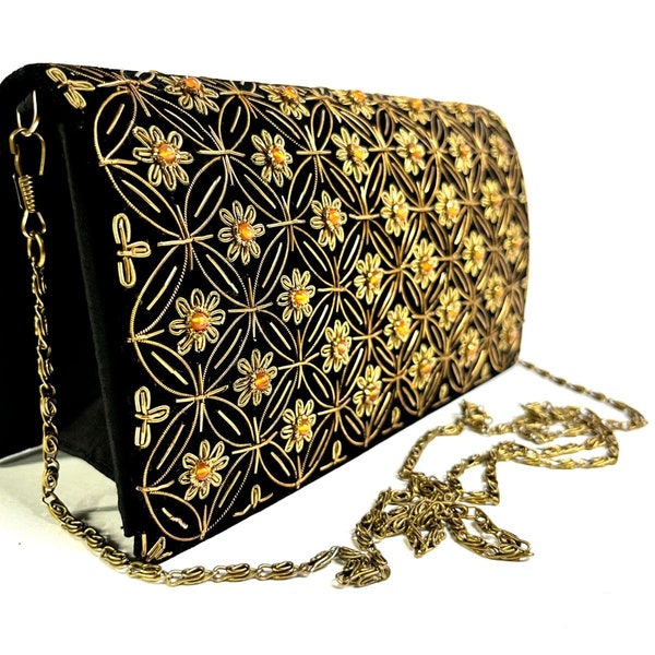 Black Velvet Bag With Zari Embroidery And Semi Precious Stones