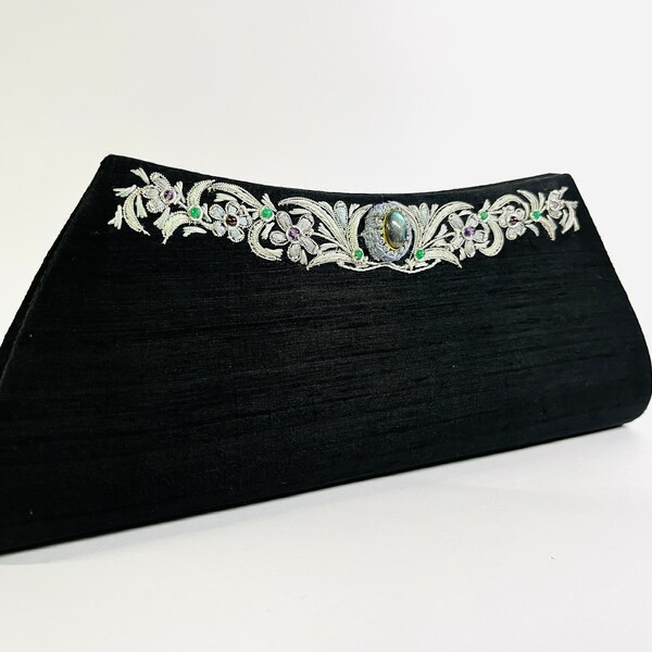 Flower Embroidered Evening Clutch With Gemstone Medallion