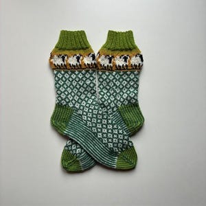 Könnte beinhalten: Ein Paar gestrickte Socken mit einem grünen, weißen und beigen Farbschema. Die Socken haben ein Rautenmuster am Hauptteil und ein Schafdesign am oberen Rand. Die Fersen und Zehen sind grün.