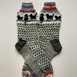 Op de afbeelding: Een paar groene, witte en zwarte gebreide sokken met een geometrisch patroon en een kleurrijke streep aan de bovenkant.